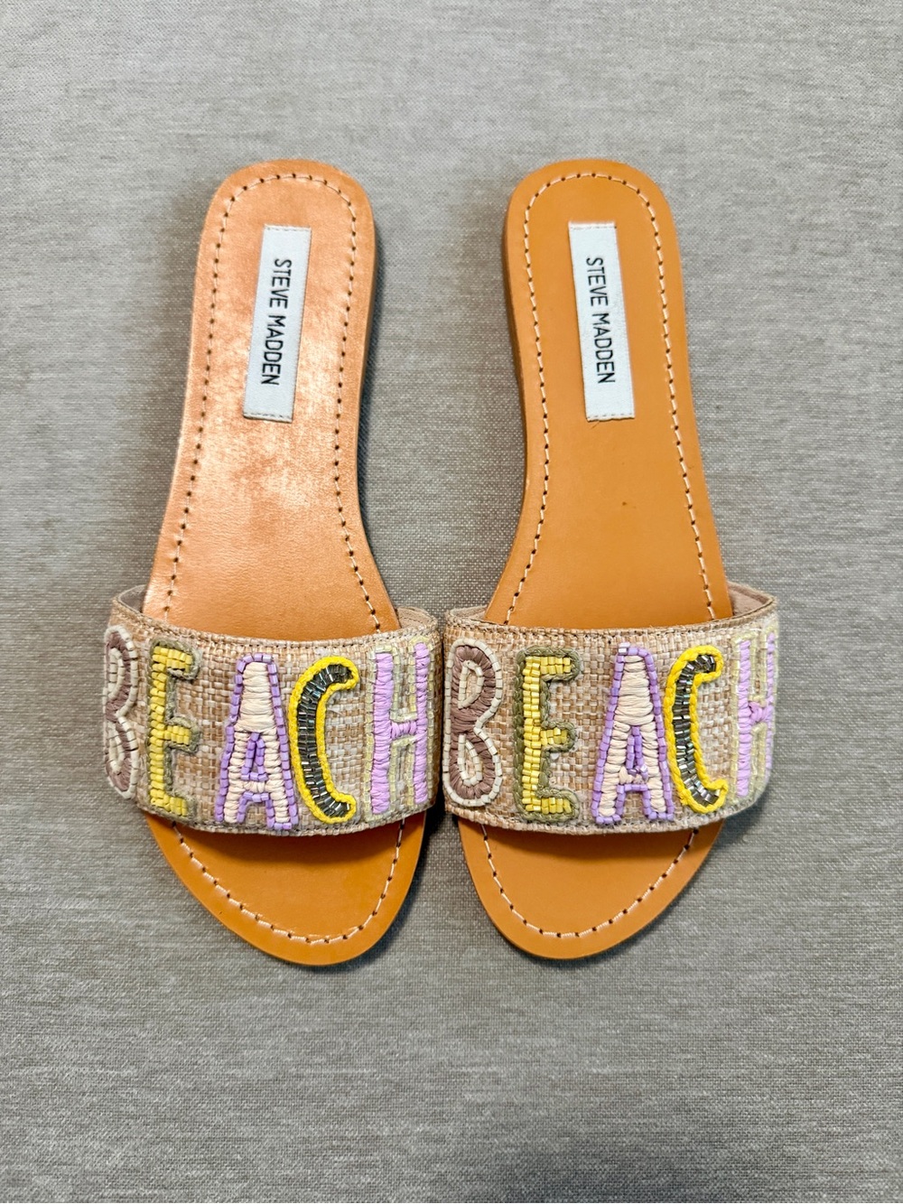 Steve Madden Tan Slide Sandals with Yellow & Purple Beaded 'BEACH' Strap
